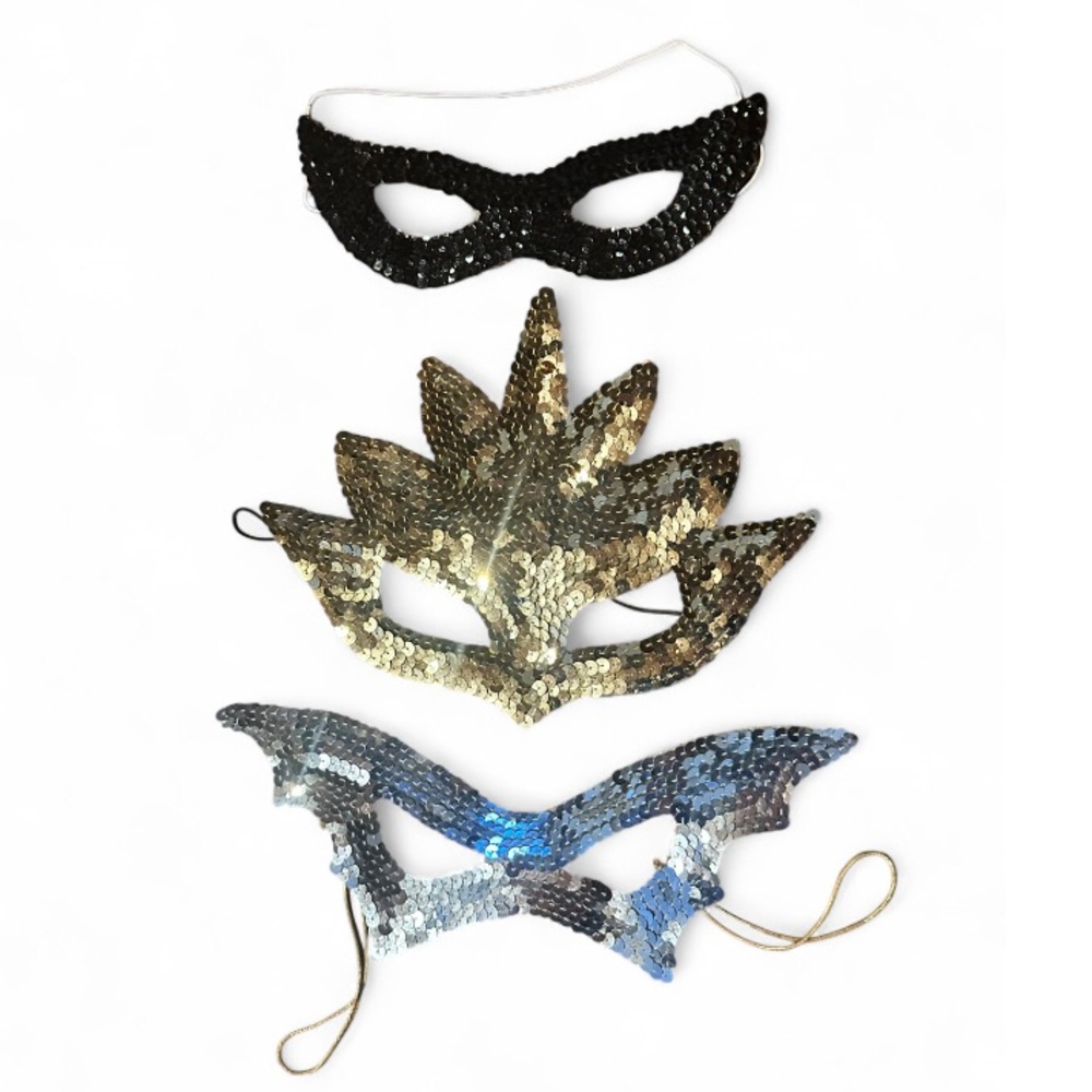 Vintage 90s Set of 3 Sequin masks in black, gold, and silver
